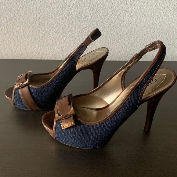 Sling Back Denim Open Toed Heels - Picture 1 of 6